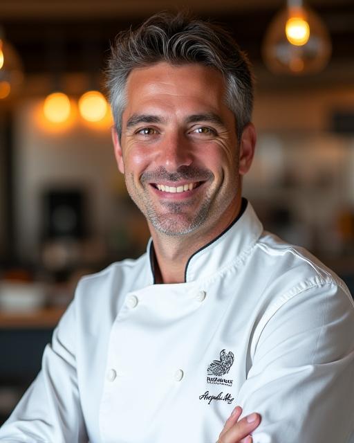 Lo chef e proprietario del ristorante Farfalla Elba sorride in cucina