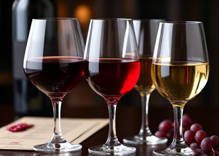 Calici di vino rosso e bianco pronti per una degustazione