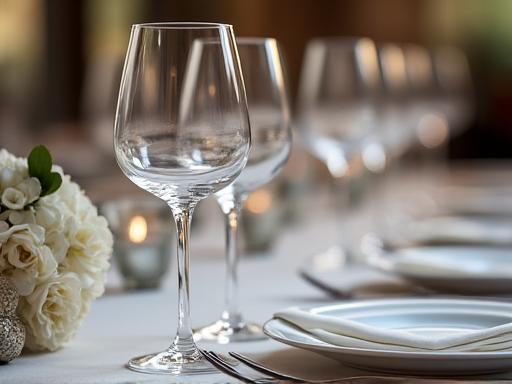 Dettaglio di un tavolo apparecchiato con bicchieri di cristallo