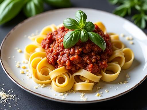 Piatto di pappardelle al ragù finemente impiattato
